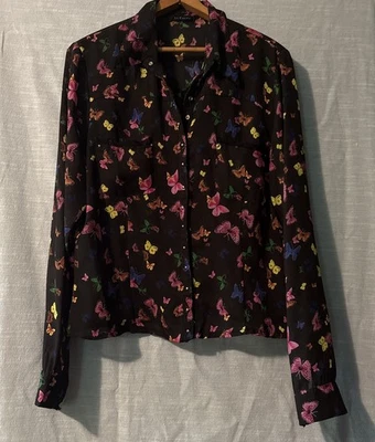 Blusa para mujer Le Caviar negra semi transparente con estampado de mariposas, talla L Foto 1 de 4
