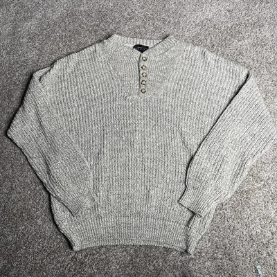 Vtg Henley Sweater Mens Large Oatmeal Tan Chunky Fisherman Waffle Knit USA Made  - Image 1 of 4