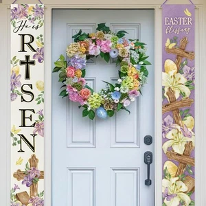 Easter Blessing He is Risen Christian Porch Banner Sign, Religious Cross Lily... - Picture 1 of 6