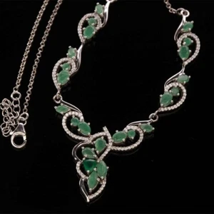 Emerald Green Agate Sterling Silver Necklace with White Zircon Accents - Picture 1 of 3