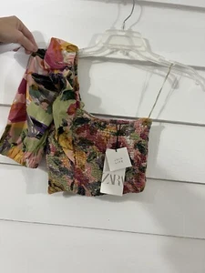 NEW ZARA MULTICOLOR PRINTED ASYMMETRIC TOP BLOUSE ONE PUFF SLEEVE SIZE XS 811 - Picture 1 of 12