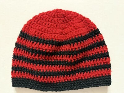Mens Unisex TEEN Crochet SKI Hat Beanie Handmade Cardinals Falcons  Red Black - Image 1 of 4