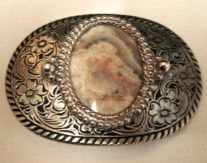 GÜRTELSCHNALLE Western silberfarben mit Stein (Achat, Geode?) Floral Oval Metall - Bild 1 von 6