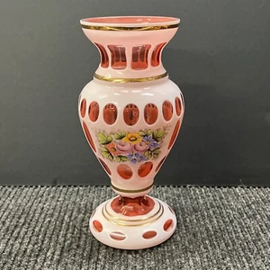 Czech Bohemian White Cased Cut to Pink Cranberry Painted Floral Crystalex Vase - Picture 1 of 11