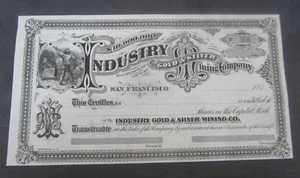 1870's INDUSTRY Gold & Silver - Stock Certificate - DEVILS GATE MINING Dist. NV. - Picture 1 of 1