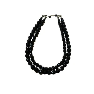 Vintage black faceted glass bead 2 strand necklace choker collar hook clasp 15" - Picture 1 of 3