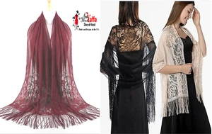 Damen Tücher und Tücher Spitzenschal mit Fransen für Brautjungfer Party Burgund - Bild 1 von 5