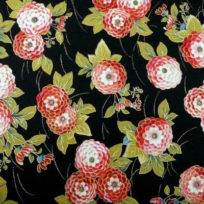 Una flor asiática, mamás en rojo, rosa, blanco y dorado metálico sobre negro, algodón FQ Foto 1 de 4