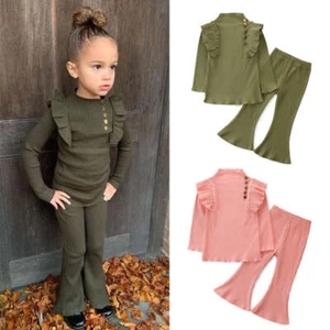 2Pcs Fashion Girls Ruffles Long Sleeve Pullover Outfit - Picture 1 of 10