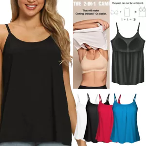 Women Bulid in Bra Casual Flowy Cami Adjustable Tank Tops Pleated Loose Fit Vest - Picture 1 of 23