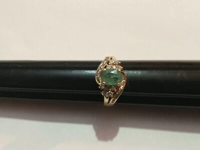 Anel feminino vintage genuíno de ouro 14K com esmeralda e diamante tamanho 7 - Imagem 1 de 4