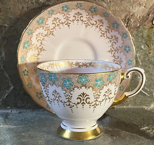 GORGEOUS TUSCAN ENGLAND BONE CHINA PINK GOLD BLUE ENAMEL FLOWERS CUP & SAUCER - Picture 1 of 19