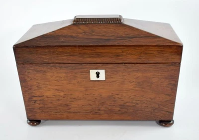 ANTIQUE ROSEWOOD SARCOPHAGUS TEA CADDY STORAGE BOX - Image 1 of 4