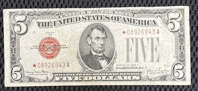 1928-F $5.00 SELO VERMELHO ESTRELA SÓLIDA NOTA DE CURSO LEGAL MUITO BOM ESTADO *08926943A  - Imagem 1 de 3