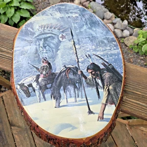 Native American Wall Art Wood Slab Slice Live Edge Tracking Spirit Horses Cabin - Picture 1 of 16