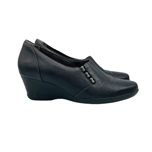 Clarks Shoes Womens Size 7.5 W Brown Leather Everyday Heel Slip On Comfort Wedge - Picture 1 of 11