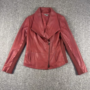 Vince Leather Jacket Womens Small Burgundy Asymmetrical Zip Moto Rib Knit Panels - Picture 1 of 8