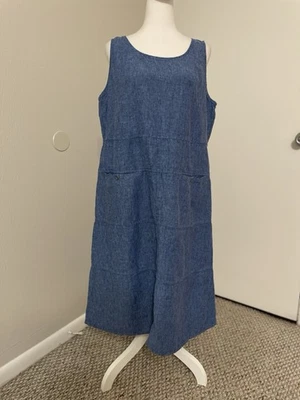 Vestido J.Jill 100% Lino L Azul Boho Minimalista Sin Mangas Cambio Bolsillo Midi Chic Foto 1 de 4