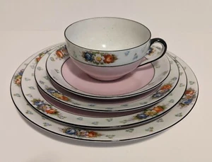 Vtg Noritake 5 PC setting Cottage Style Pink With White Floral band w/ Black Rim - Picture 1 of 8