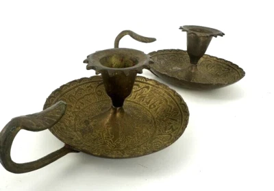 ANTIQUE PAIR Brass Chamberstick Thumb Rest/Finger Loop SIGNED DAMASCUS Brutalist - Image 1 of 4