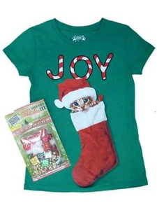 Girls Green Kitten Design Your Own Holiday T-Shirt Kit Kitty Cat Santa Claus - Picture 1 of 1