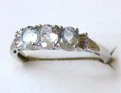 Anillo de tres piedras aguamarina Espirito Santo / talla 7 / plata de ley 925 Foto 1 de 4
