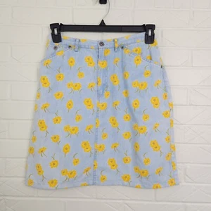Vintage 90's Liz Claiborne Yellow Daisy Flower Print Denim Mini Skirt 10 - Picture 1 of 6