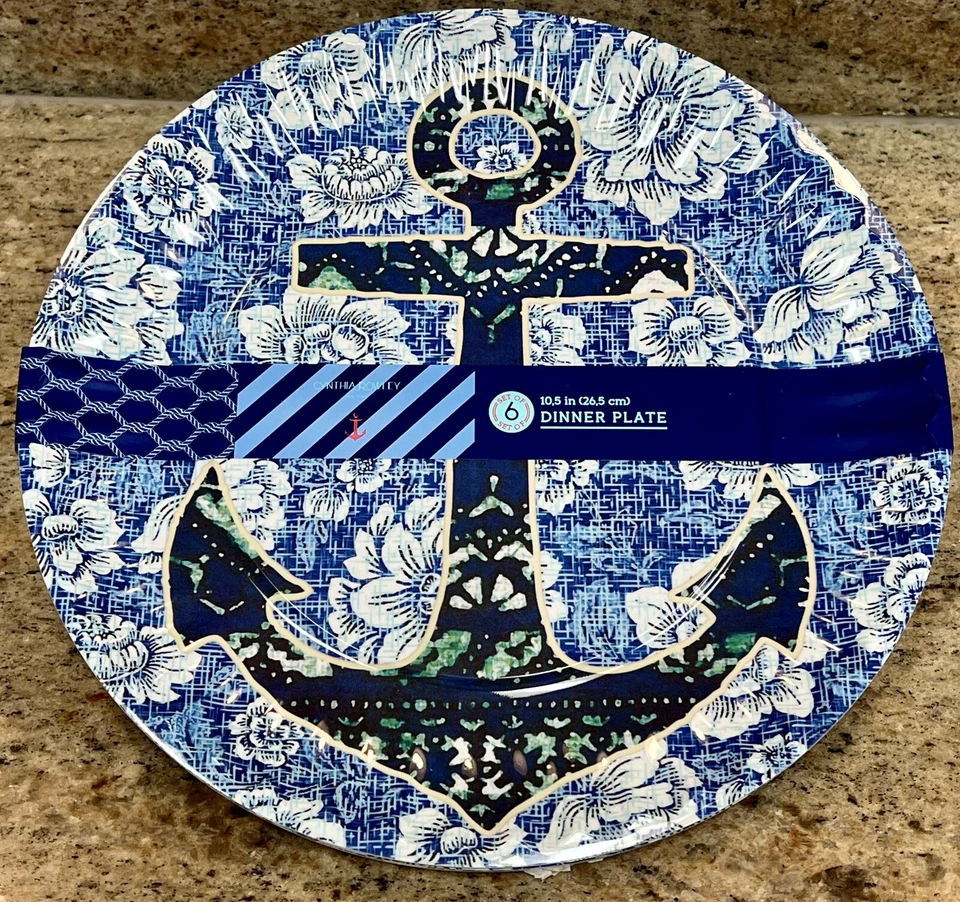 Juego de 6 platos de papel de melamina náutica con ancla azul Cynthia Rowley Foto 1 de 1
