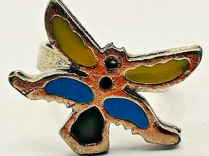 Vintage 70er Jahre unsigniert Emaille Kunst Schmetterling Silberfarben Ring-blau & gelb - Bild 1 von 4