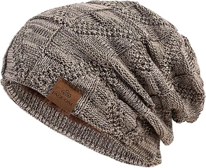 Mens Winter Slouchy Beanie Warm Fleece Lined Skull Cap Baggy Cable Knit Hat (Kha - Picture 1 of 6
