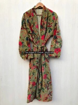 Indian Vintage Luxury Velvet Bird Print Bath Robe Kimono Dressing Gown Long Robe - Image 1 of 4
