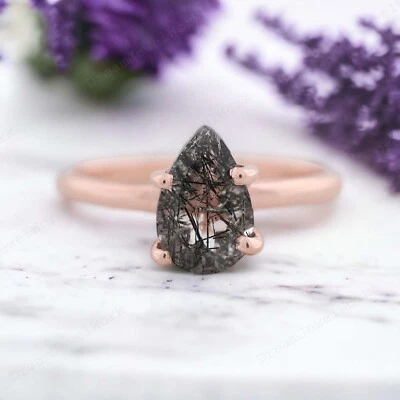 Anillo solitario de cuarzo rutilo natural corte pera de oro rosa de 14k 7x5 para mujer Foto 1 de 2
