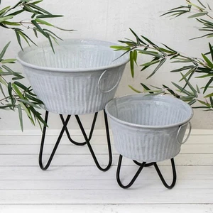 Ribbed Garden Planter Grey Metal Round Zinc Plant Flower Pot Pin Leg Stand Decor - Picture 1 of 5