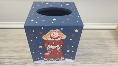 Vintage Hand Painted Christmas Angel Wooden Square Tissue Box Cover Holder - Image 1 of 4