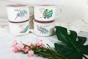 Microwavable Ceramic Noodle Bowl with Handle and Seal Fine Porcelain Green Leaf  - Picture 1 of 20