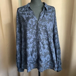 Chico's Size 3.5 Blue Floral Buttonfront Hibiscus Shirt Blouse Chicos 18 - Picture 1 of 9