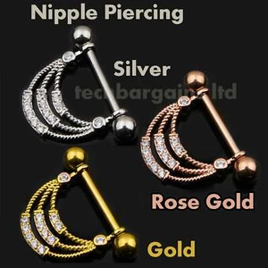 Luxury Triple Lined Dangle Nipple Ring U breast Rhinestone Sexy Piercing Bars UK - Picture 1 of 12