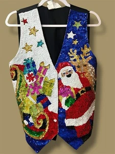Vintage Fashion Fantasy Full Sequin Christmas Vest Santa, Reindeer, Sled XL - Picture 1 of 11