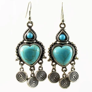 US Seller TURQUOISE EARRING fashion vintage BLUE SILVER Dangle heart Chandelier - Picture 1 of 2