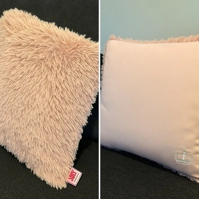 Juicy Couture Pink Faux Fur Throw Pillow Crown Embroidered Accent Home  22x22 - Image 1 of 4