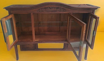 Antique 1870 Victorian Eastlake Oak Hutch Top Cabinet Glass Shelf LED Light Keys - Image 1 of 4