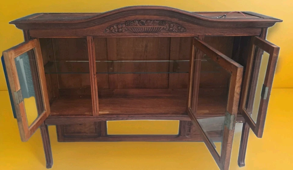 Antiguo 1870 Victoriano Eastlake Roble Hutch Superior Gabinete Vidrio Estante Luz LED Llaves Foto 1 de 4