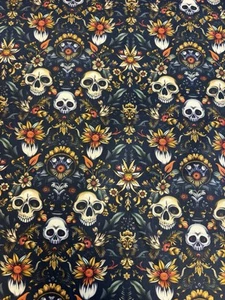 2.5 Metres Black Tribal Skulls Floral Printed Cotton Craft Quilt Dress Fabric - Picture 1 of 5