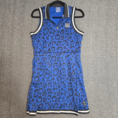 Nuevo con etiquetas Vestido Puma Para Mujer Golf X Aros Estampado Leopardo Azul Real y Negro Pequeño Foto 1 de 4