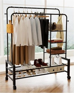Heavy Duty Rolling Clothes Rack - Double Rod Garment Rack w/Storage Shelves &... - Picture 1 of 7