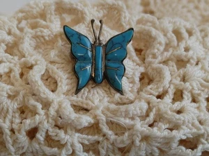 Vintage Turquoise Silver Butterfly Pin Brooch 925 RS Silver 1" Collar Pin - Picture 1 of 11