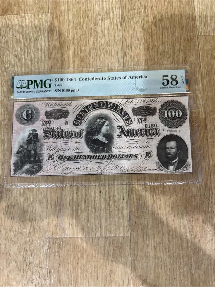 T-67 1864 $100 Confederate States of America PMG 58 Extremely  PP B S/n 9180 Low - Image 1 of 3