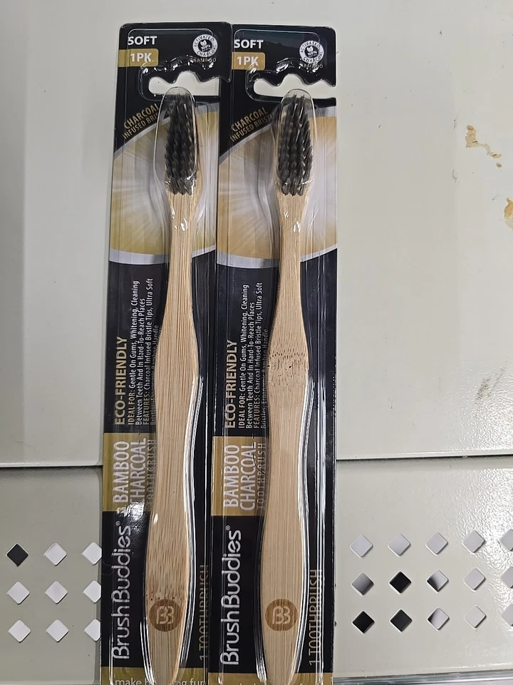 BrushBuddies Bamboo Charcoal Toothbrush Soft Bristles  2 Pack Ergonomic Handle - Image 1 of 1