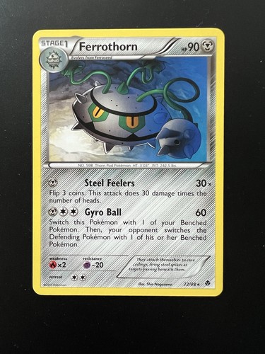 Ferrothorn 72/98 Emerging Powers Regular Pokémon card with blue and green Ferrothorn, yellow border, and attack text.