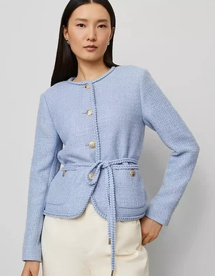 NEW ANN TAYLOR BLUE PETITE TWEED BELTED JACKET SZ 0P 0 - Image 1 of 4